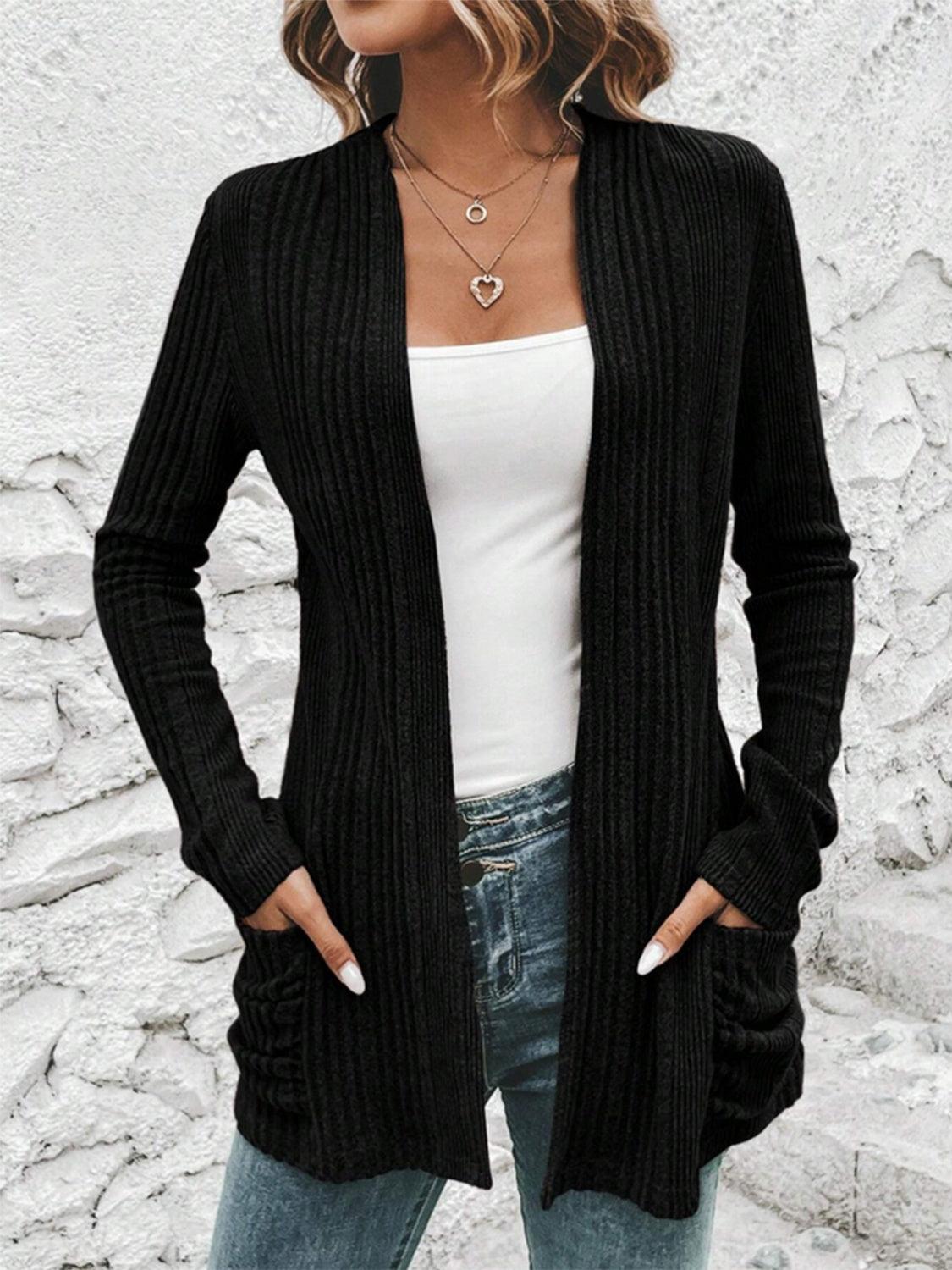 Pocketed Open Front Long Sleeve Cardigan Carauana Store