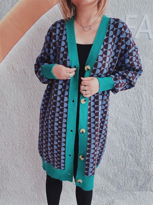 Contrast Trim Geometric Button Down Cardigan Carauana Store