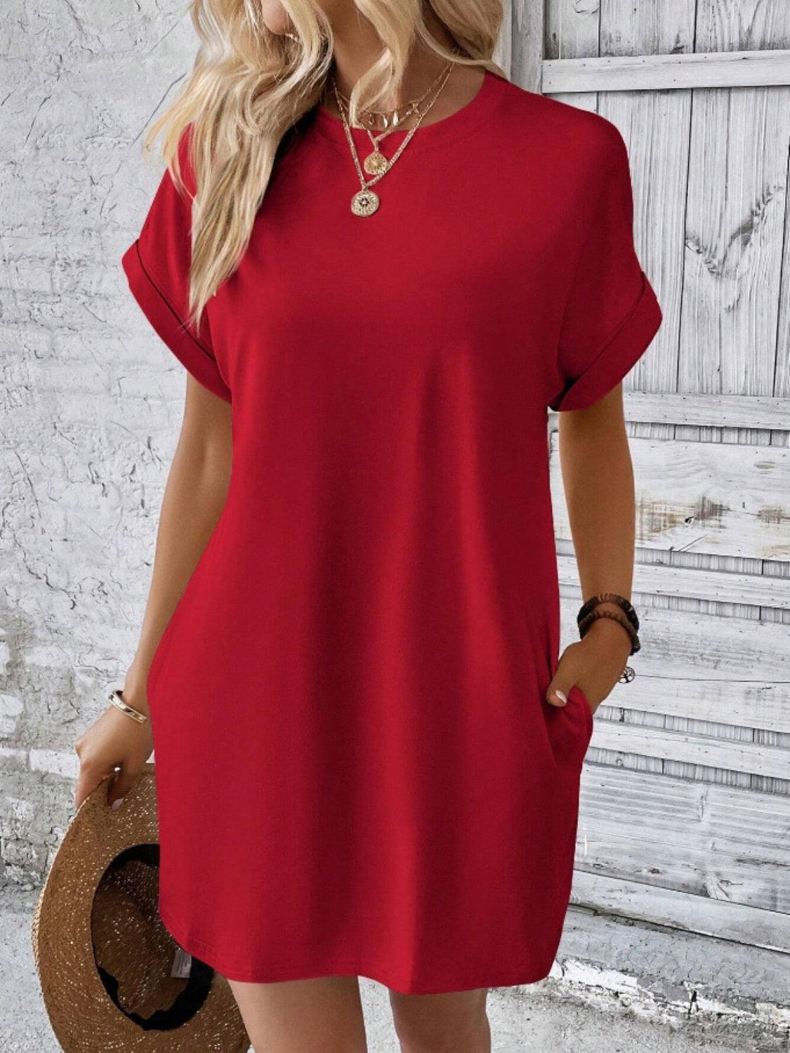 Pocketed Round Neck Short Sleeve Dress Carauana Store