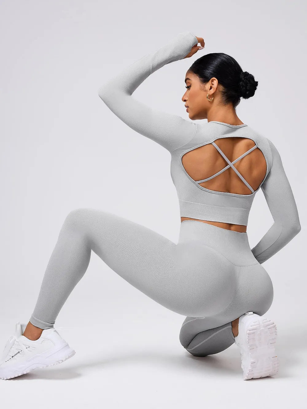 Back Crisscross Round Neck Long Sleeve Top and Leggings Active Set Carauana Store