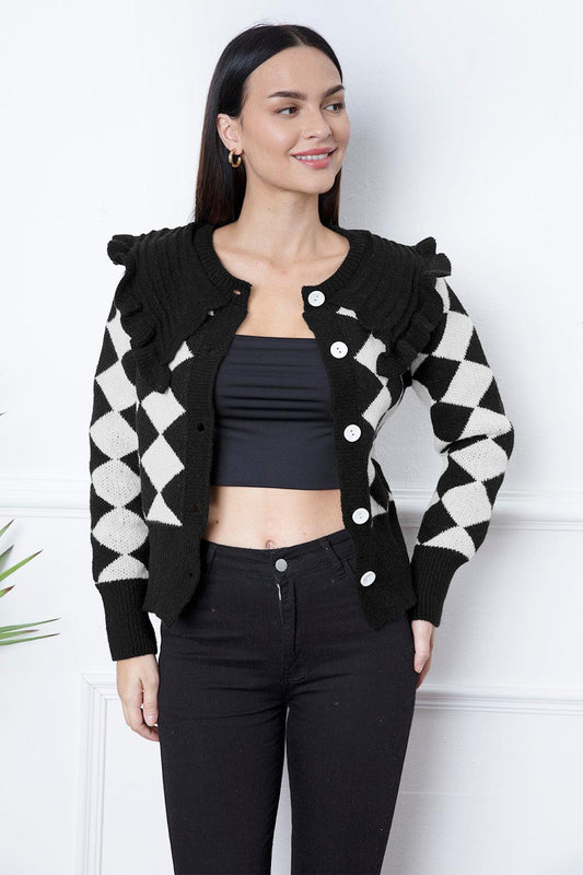 Argyle Element Button Up Ruffled Cardigan Carauana Store