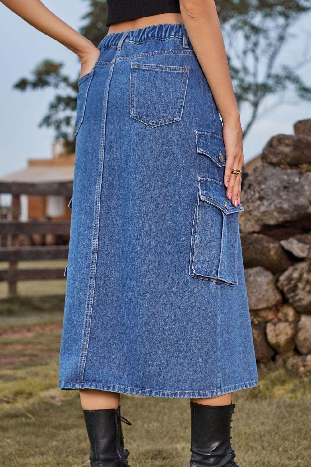Slit Front Midi Denim Skirt with Pockets Carauana Store