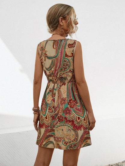 Smocked Printed V-Neck Mini Dress Carauana Store