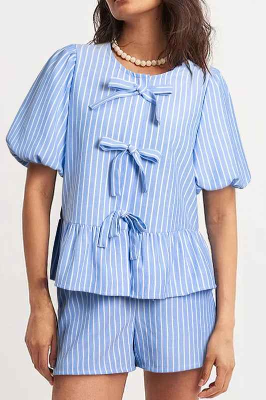 Striped Bowknot Detail Puff Sleeve Top and Shorts Set Carauana Store