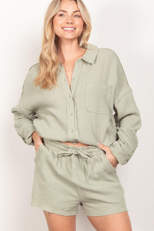 VERY J Texture Button Up Shirt and Shorts Set Carauana Store