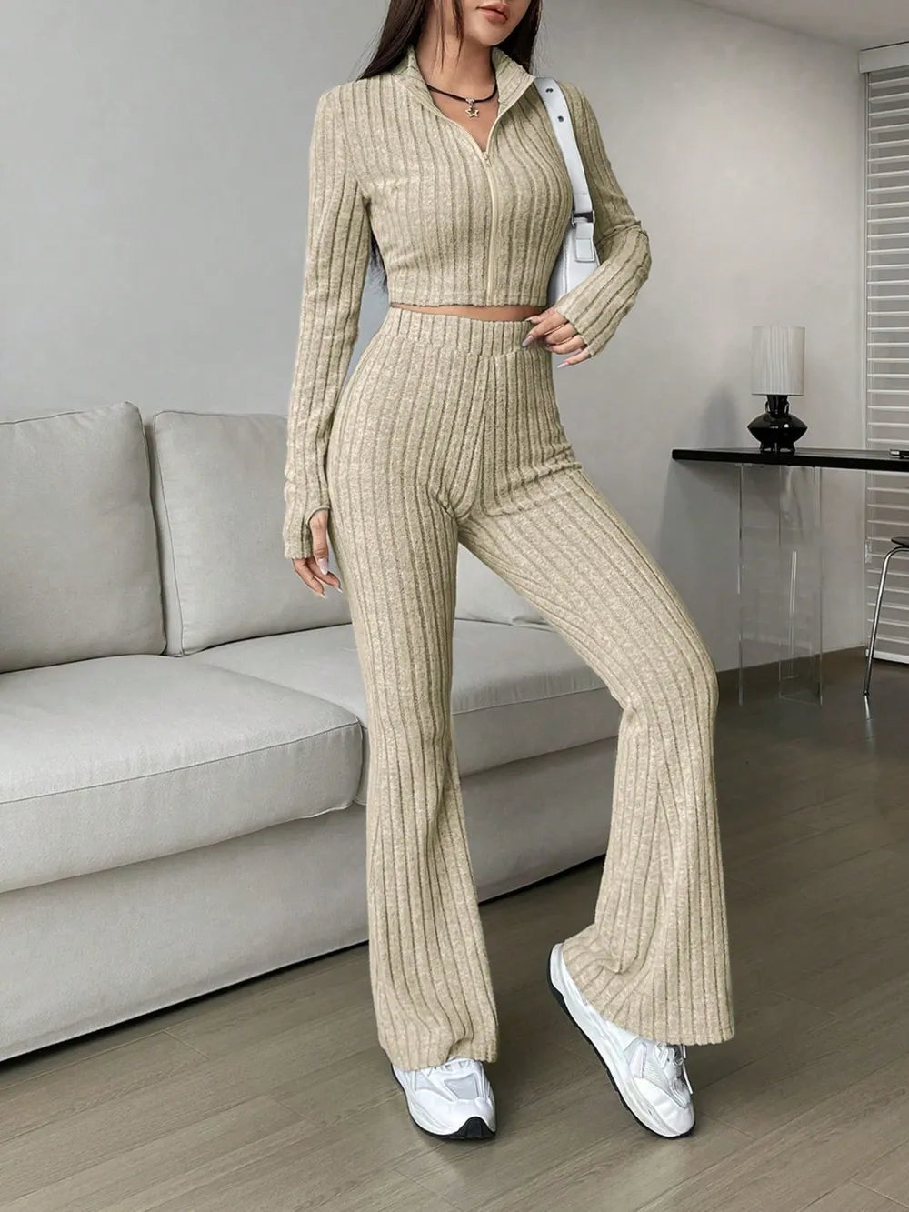 Honey Zip Up Long Sleeve Top and Pants Set Carauana Store