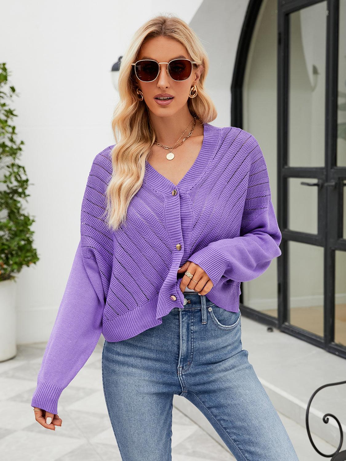 Eyelet Button Front Long Sleeve Cardigan Carauana Store