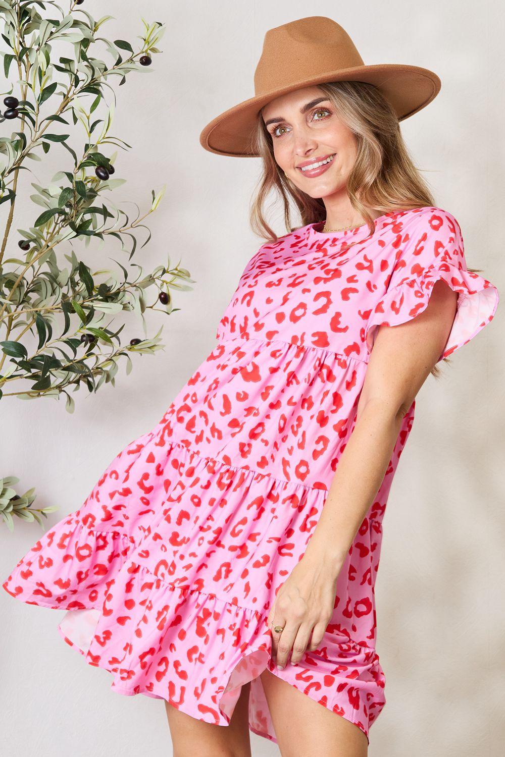 Double Take Short Flounce Sleeve Tiered Dress Carauana Store