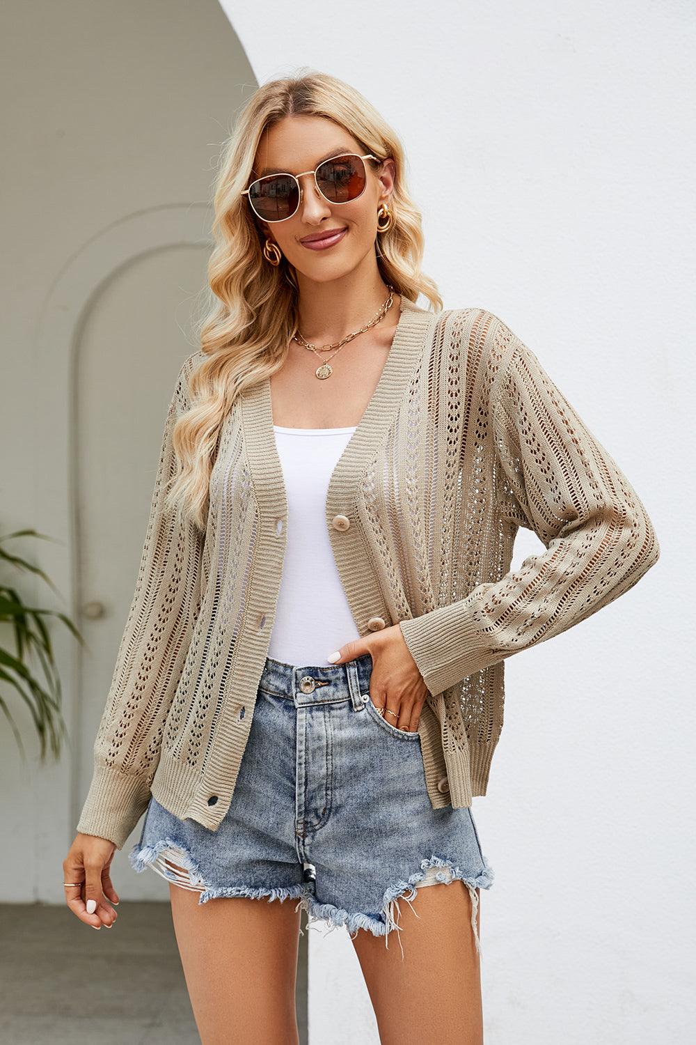 Openwork Button Front V-Neck Cardigan Carauana Store