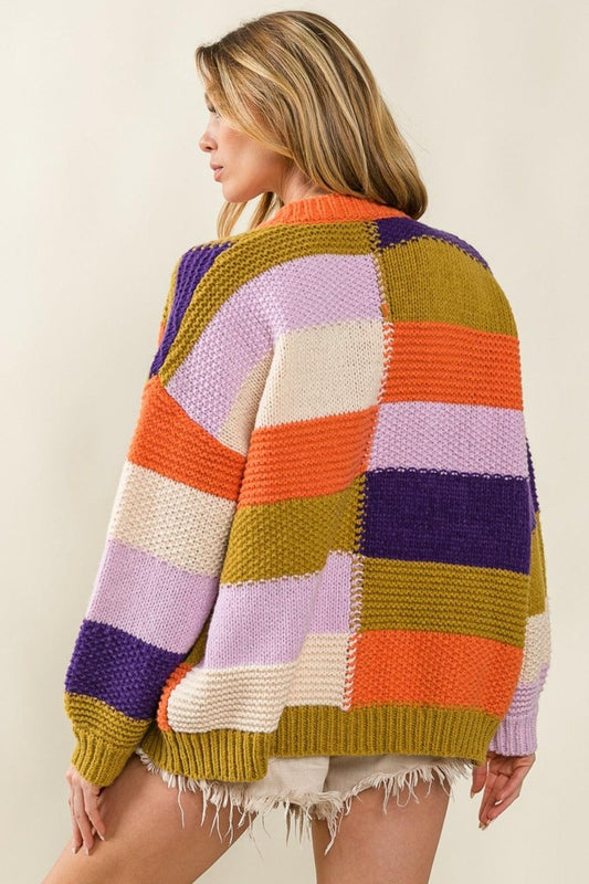 BiBi Checkered Color Block Sweater Cardigan Carauana Store