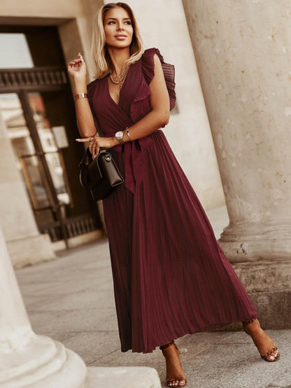 Tied Surplice Cap Sleeve Pleated Dress Carauana Store