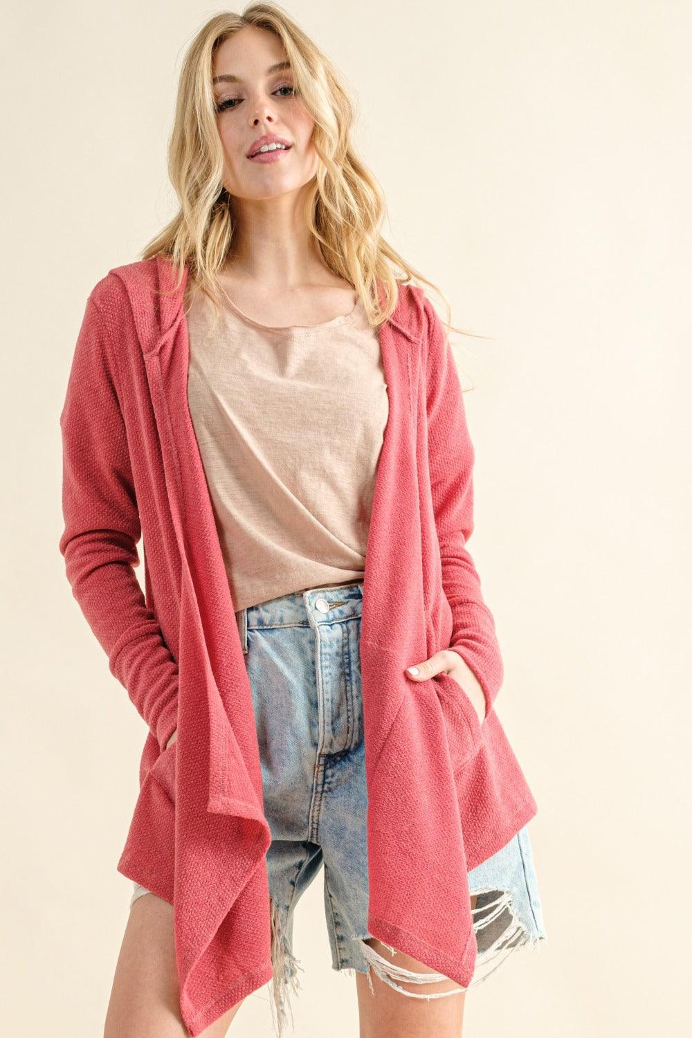 And The Why Full Size Thermal Hooded Open Front Cardigan with Pockets Carauana Store