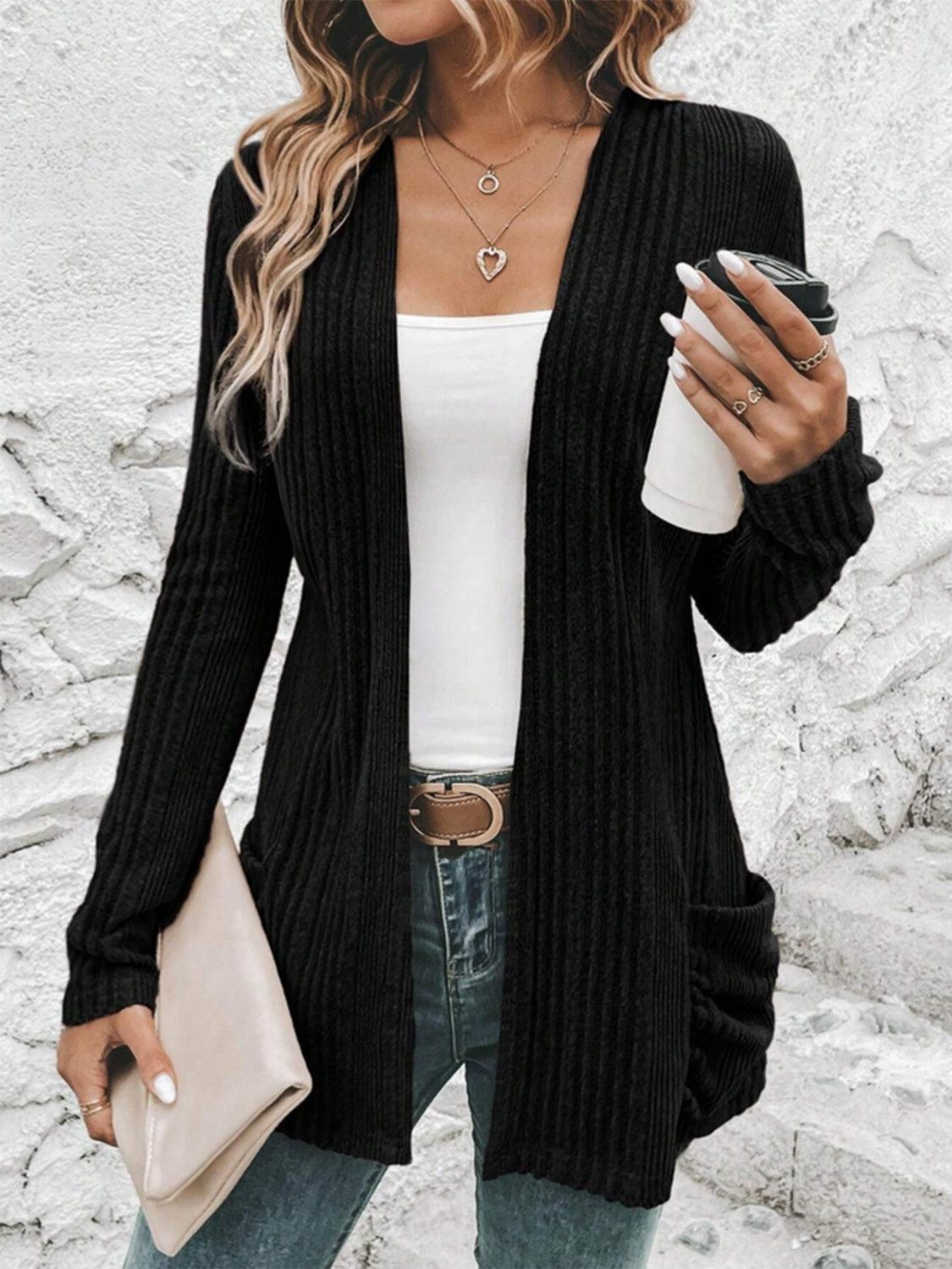 Pocketed Open Front Long Sleeve Cardigan Carauana Store