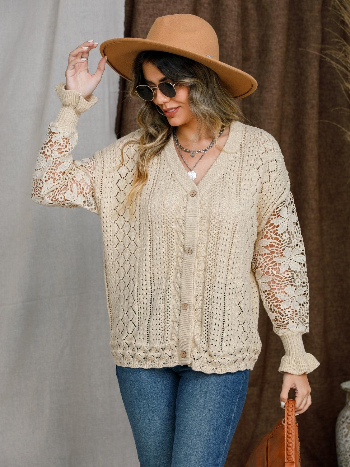 Eyelet Button Up Lantern Sleeve Cardigan Carauana Store