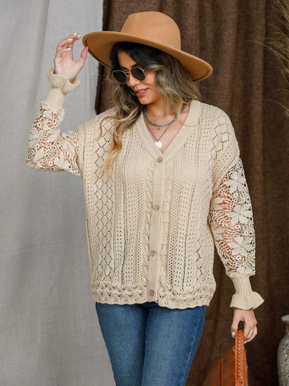 Eyelet Button Up Lantern Sleeve Cardigan Carauana Store