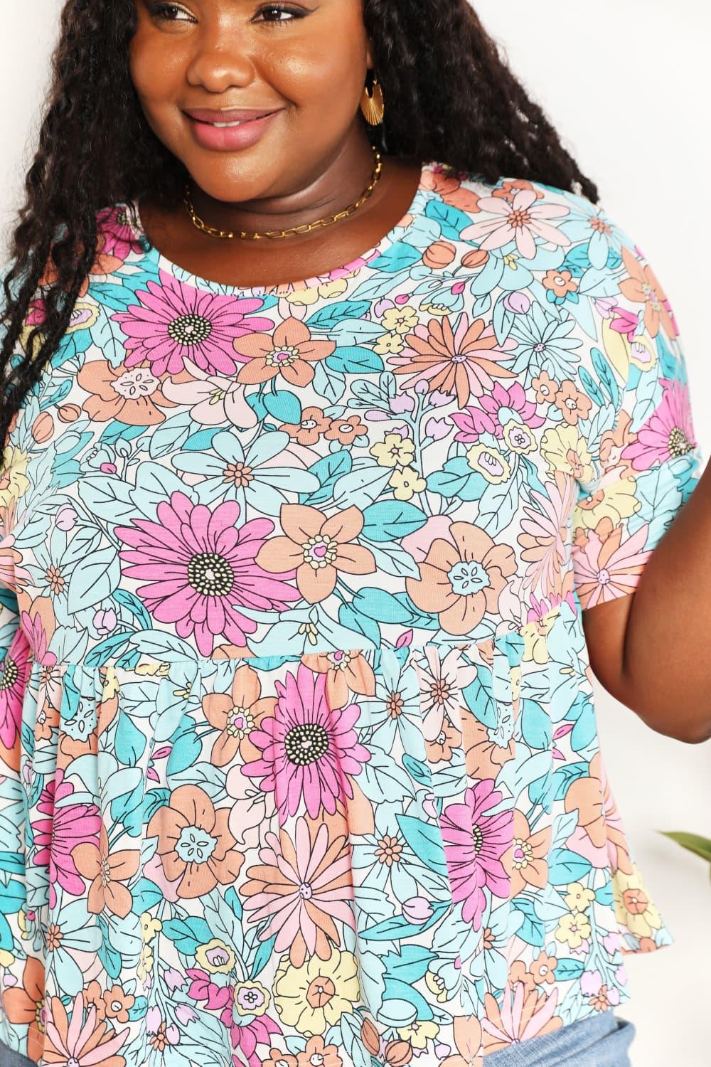 Double Take Floral Round Neck Babydoll Top Carauana Store