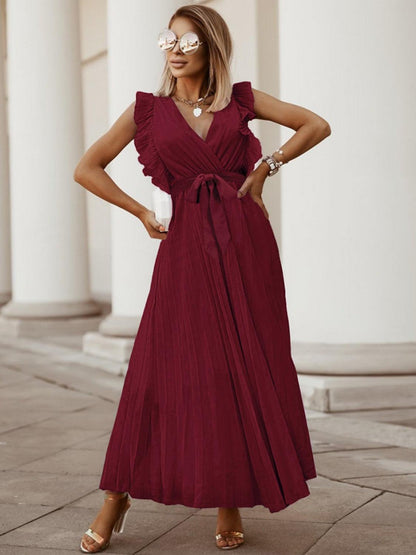 Tied Surplice Cap Sleeve Pleated Dress Carauana Store