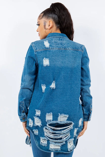 American Bazi Distressed Button Up Long Sleeve Denim Jacket Carauana Store