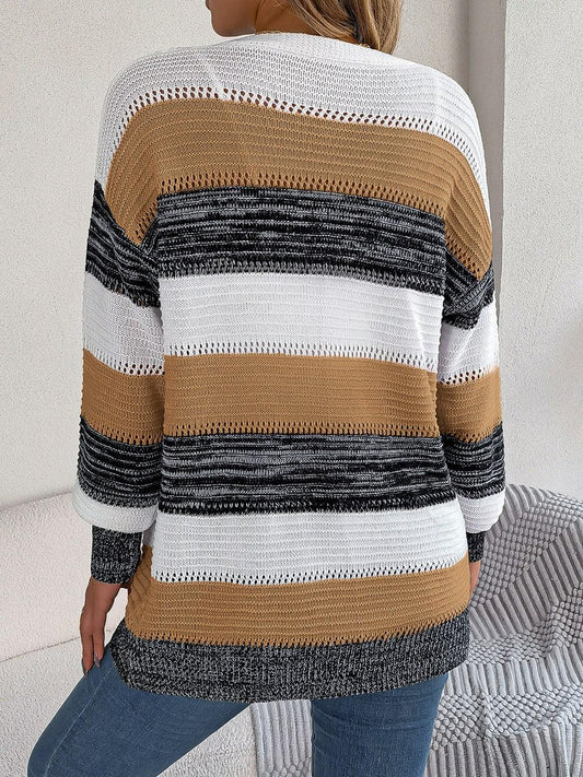 Openwork Striped Open Front Cardigan Carauana Store