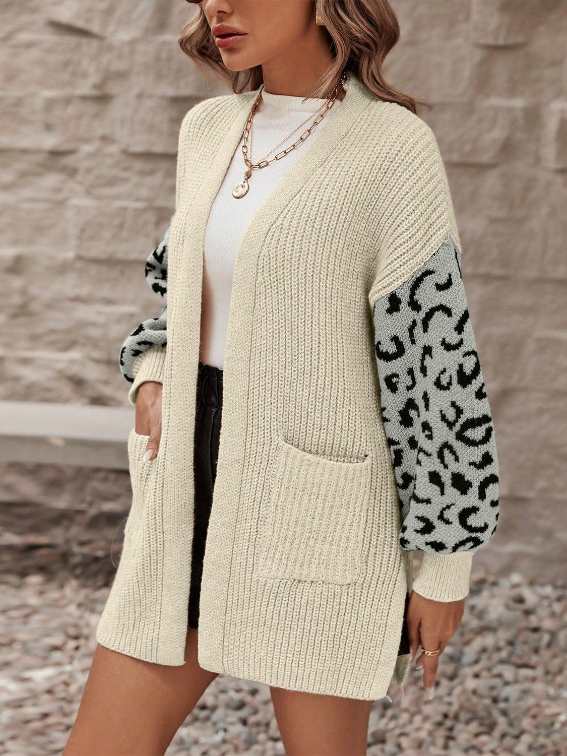 Pocketed Leopard Open Front Cardigan Carauana Store