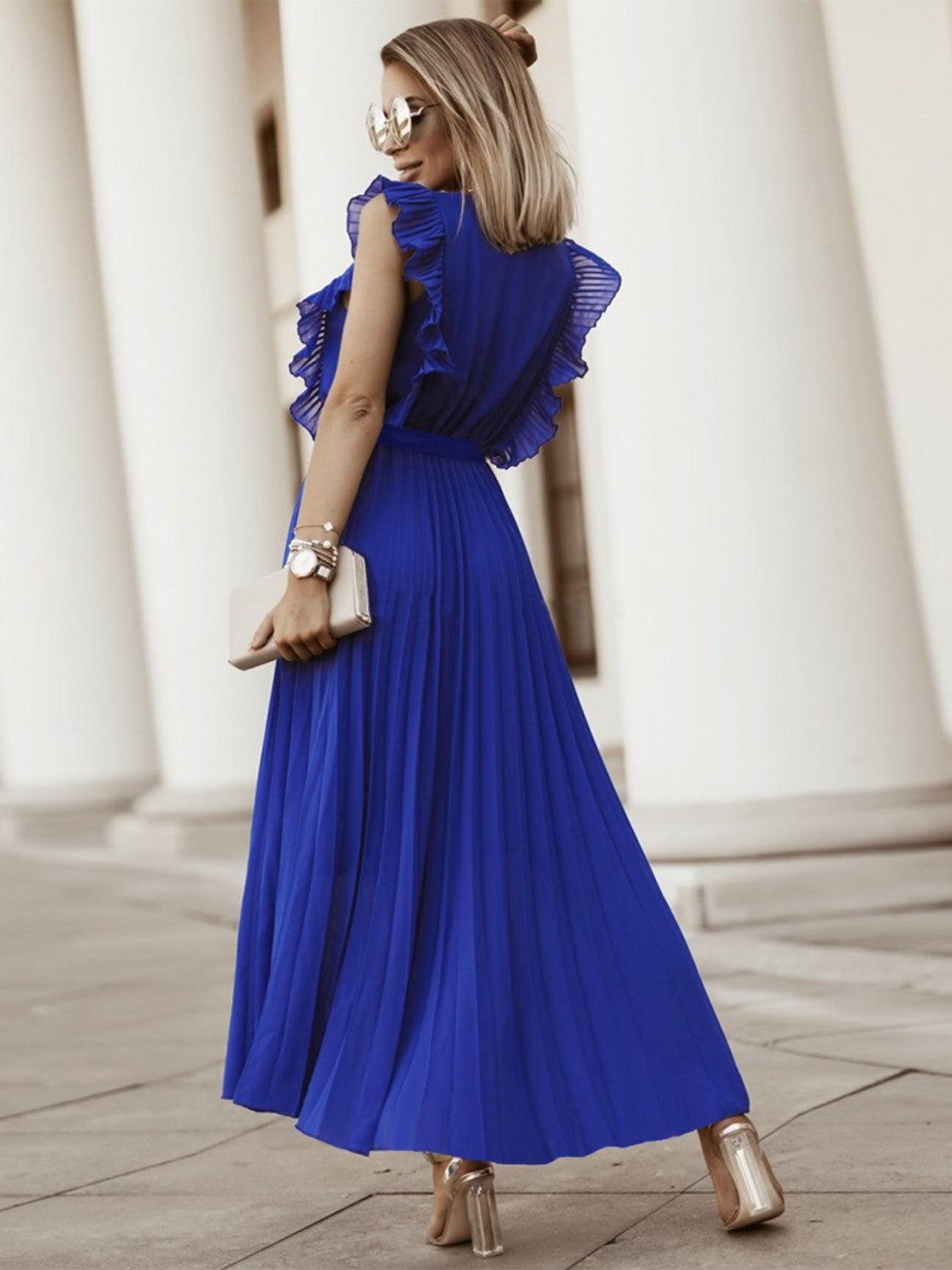 Tied Surplice Cap Sleeve Pleated Dress Carauana Store