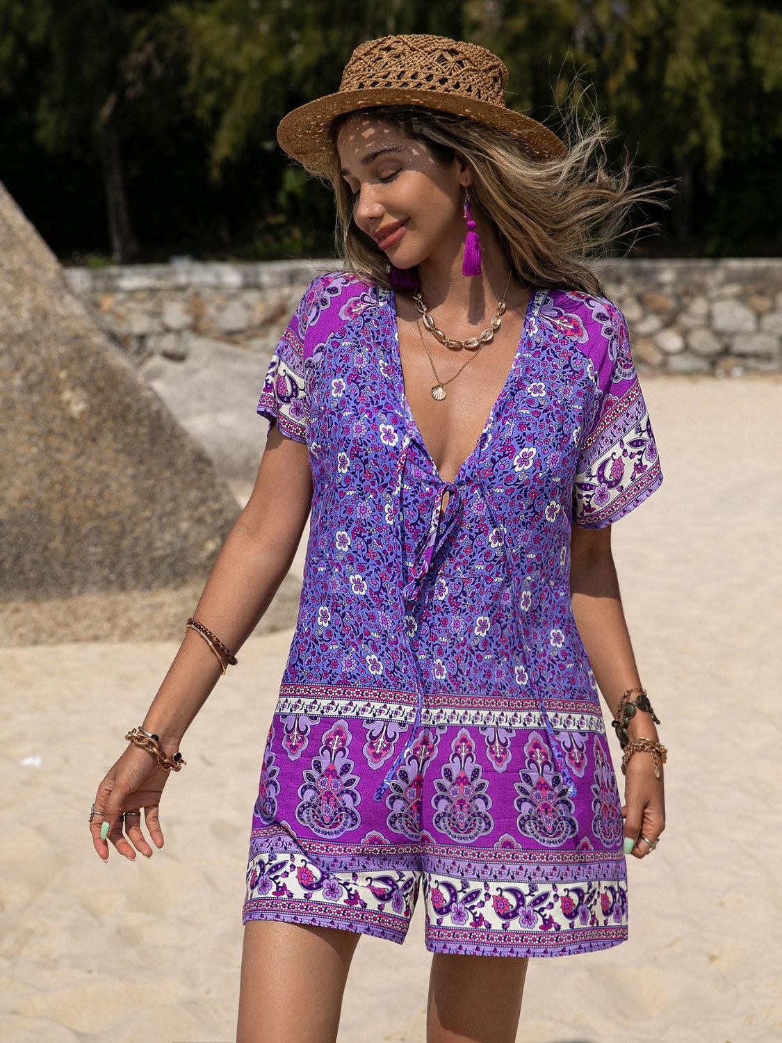 Tied Printed Short Sleeve Romper Carauana Store