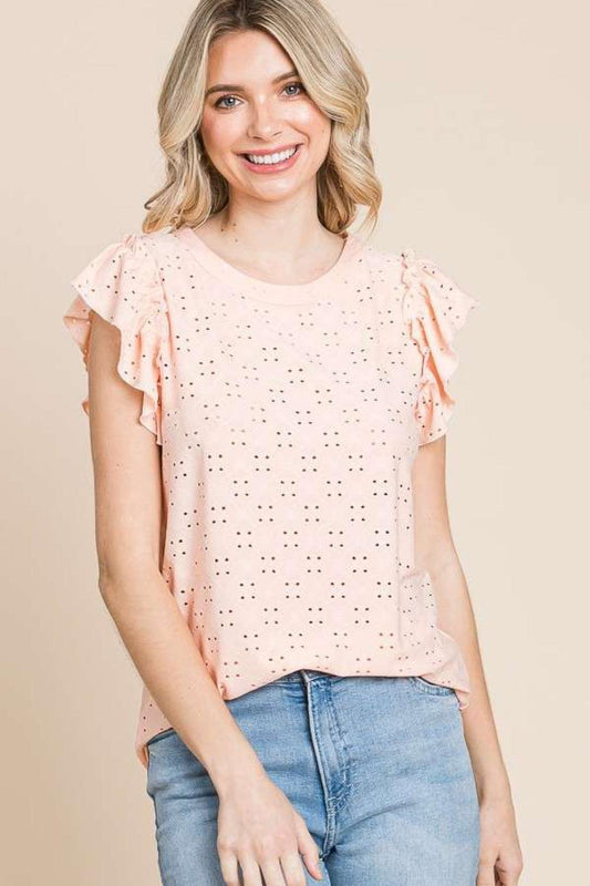 Culture Code Eyelet Round Neck Ruffled Cap Sleeve Top Carauana Store