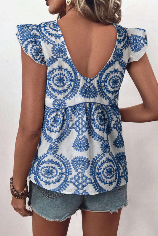Blue Boho Print Flutter Sleeve Crew Neck Blouse