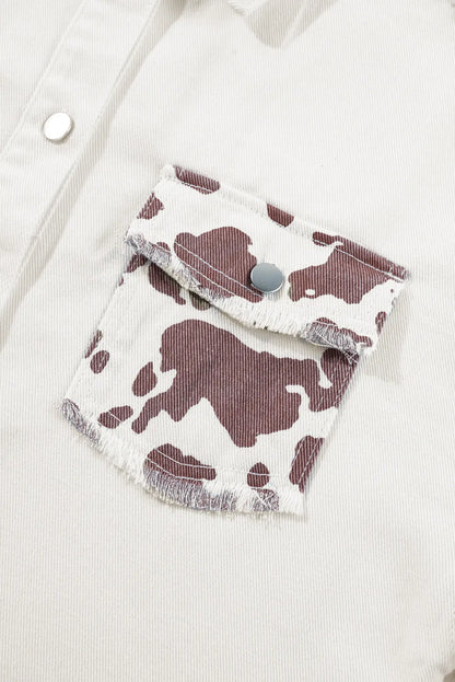 Raw Hem Animal Print Long Sleeve Denim Jacket Carauana Store