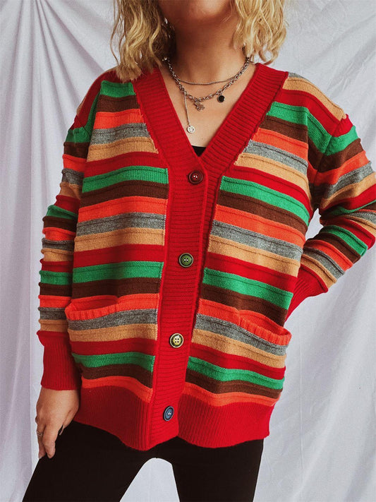Contrast Stripes Button Up Long Sleeve Cardigan Carauana Store