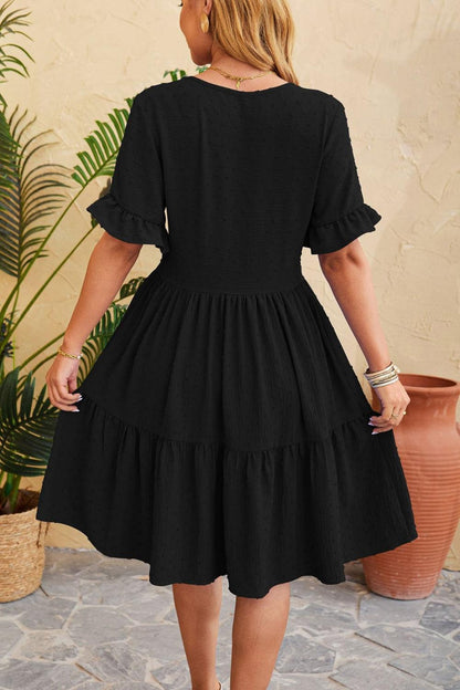 Swiss Dot Ruffled V-Neck Tiered Dress Carauana Store