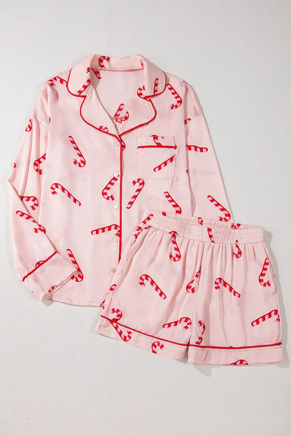 Candy Cane Collared Neck Long Sleeve Top and Shorts Lounge Set Carauana Store