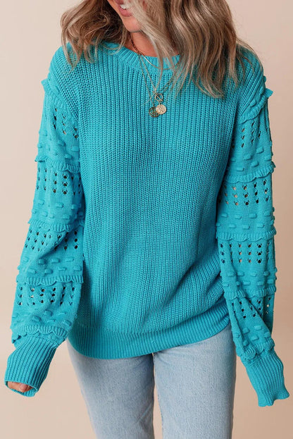 Openwork Frill Round Neck Long Sleeve Sweater CaRaUaNa Fashion