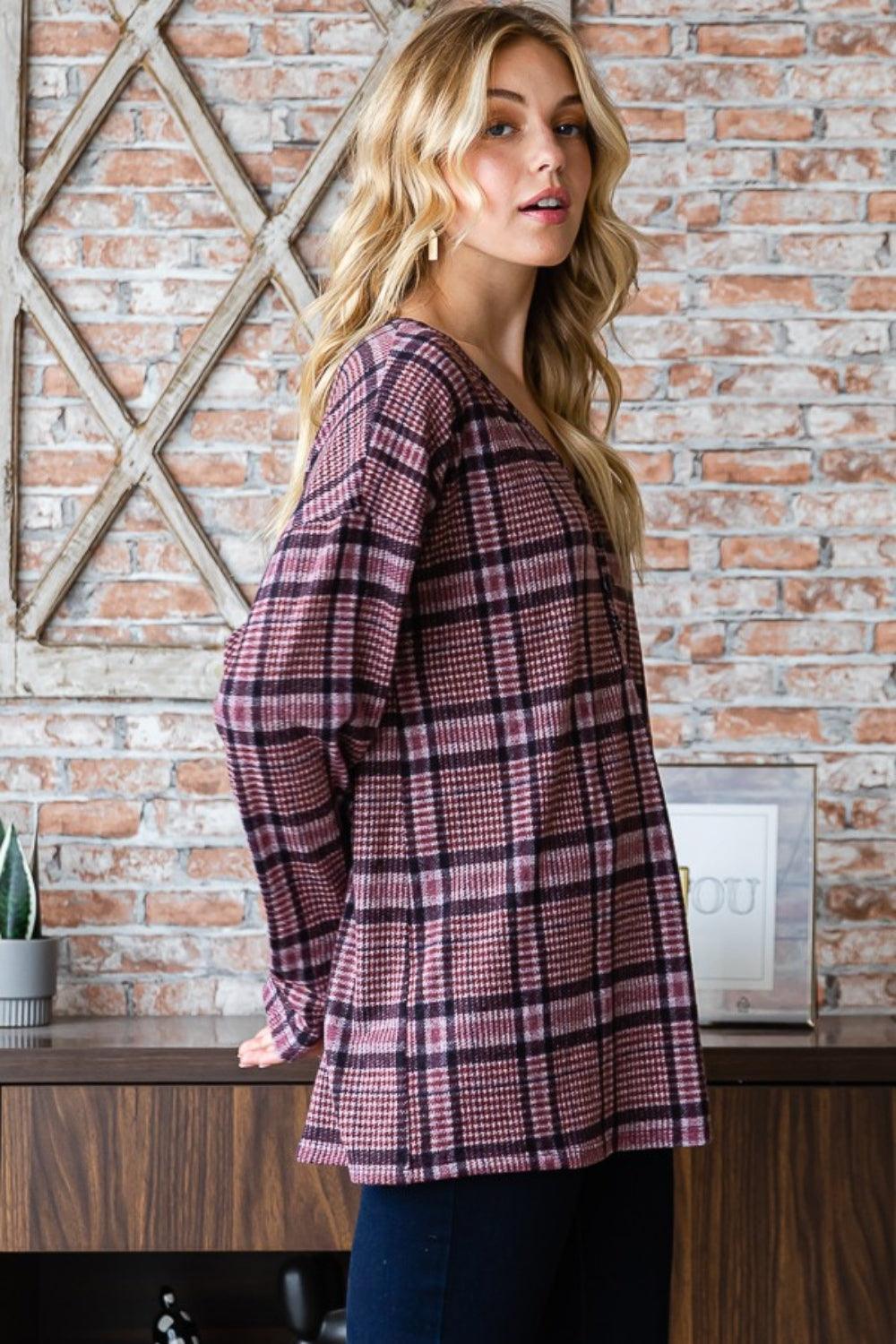 Heimish Full Size Plaid V-Neck Long Sleeve Top Carauana Store