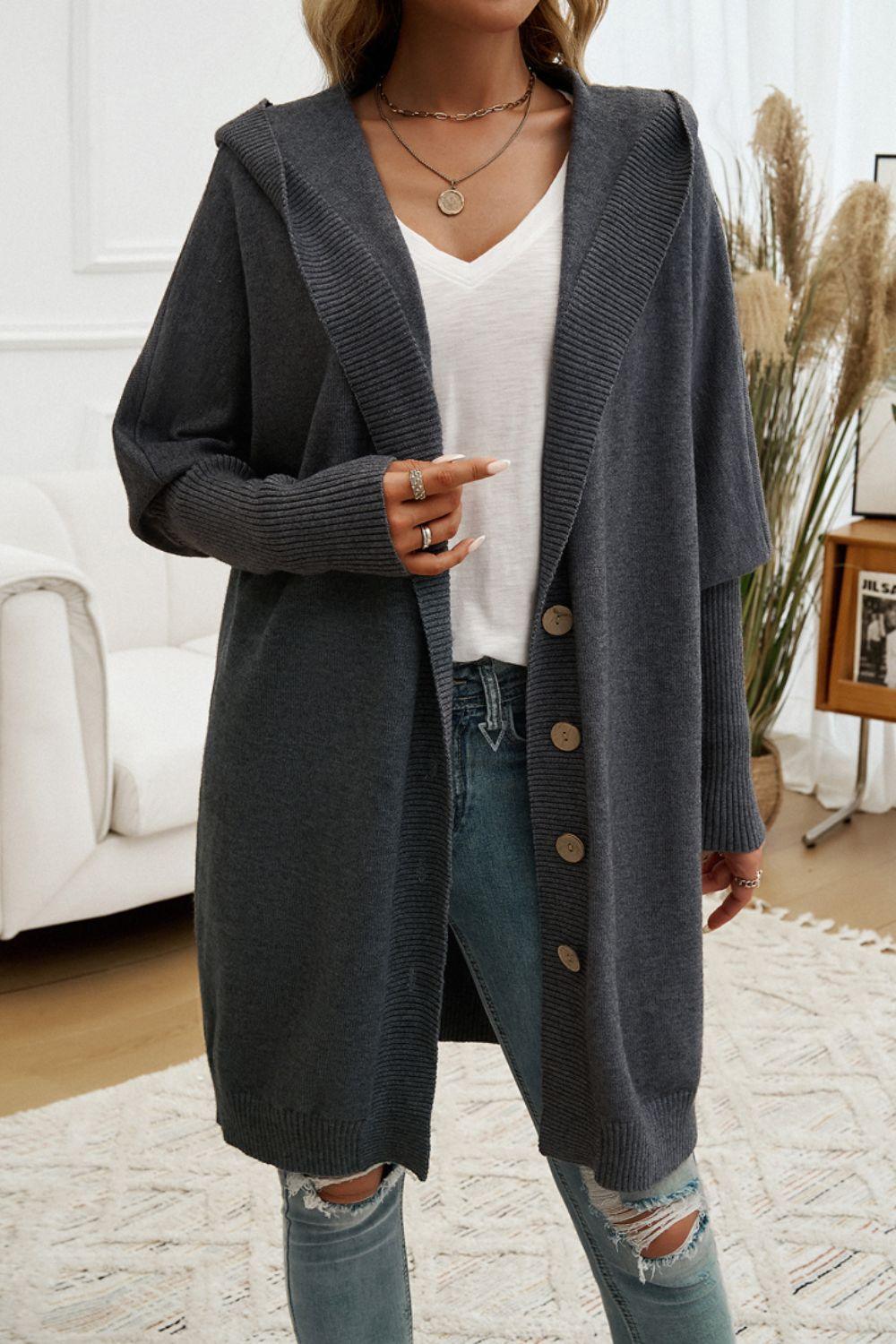 Devine Button Up Long Sleeve Hooded Cardigan Carauana Store