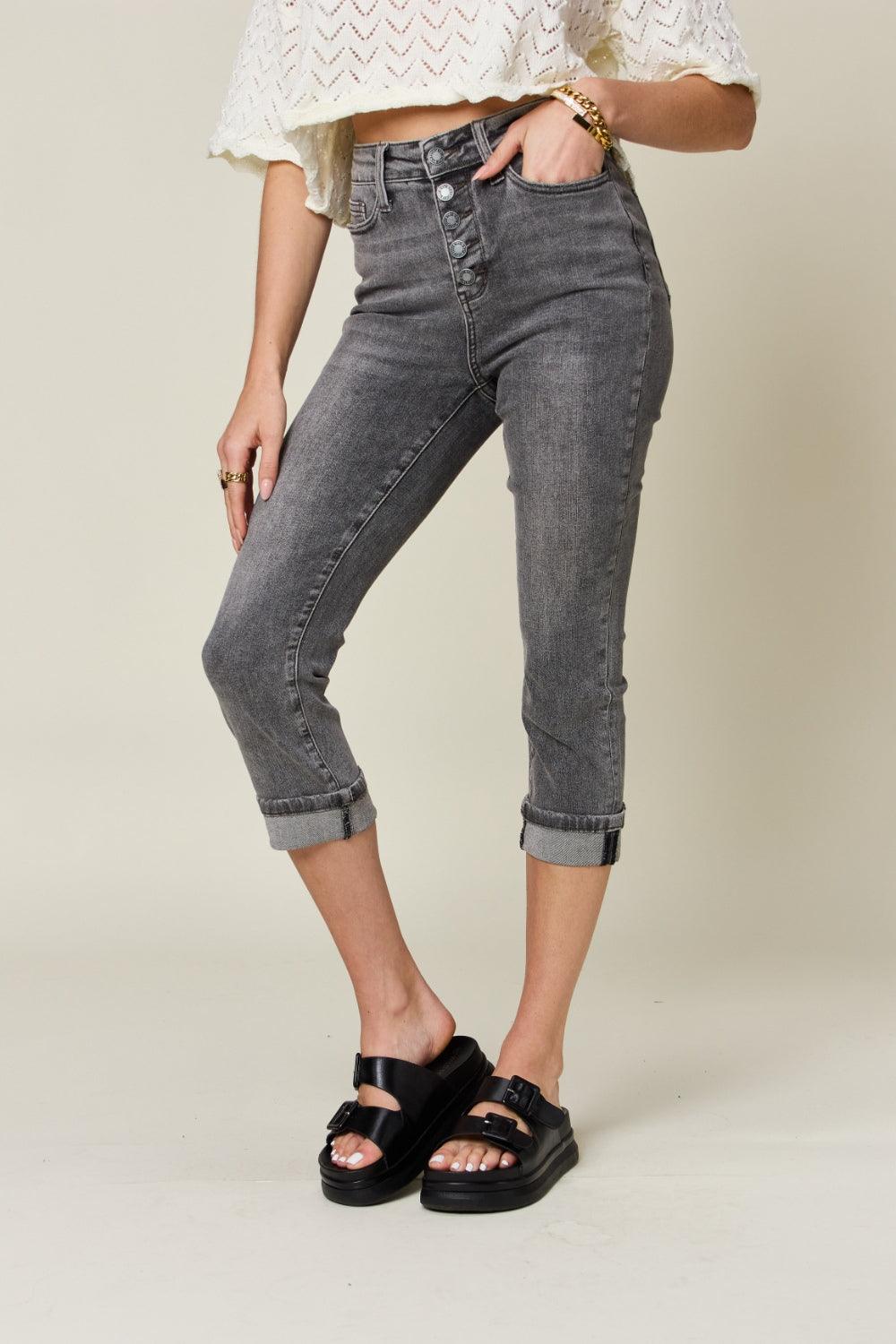 Judy Blue Full Size Button Fly High Waist Cuffed Capris Carauana Store