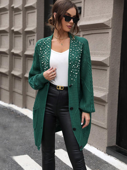 Perfee Pearl Detail Cable-Knit Button Up Cardigan Carauana Store