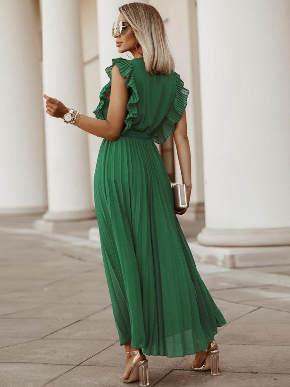 Tied Surplice Cap Sleeve Pleated Dress Carauana Store