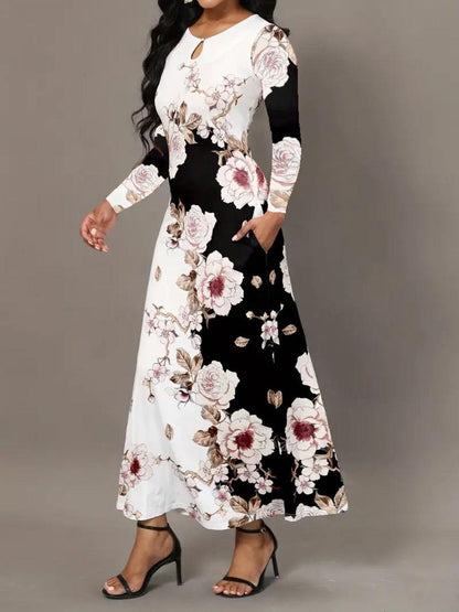 Pocketed Printed Long Sleeve Dress Carauana Store