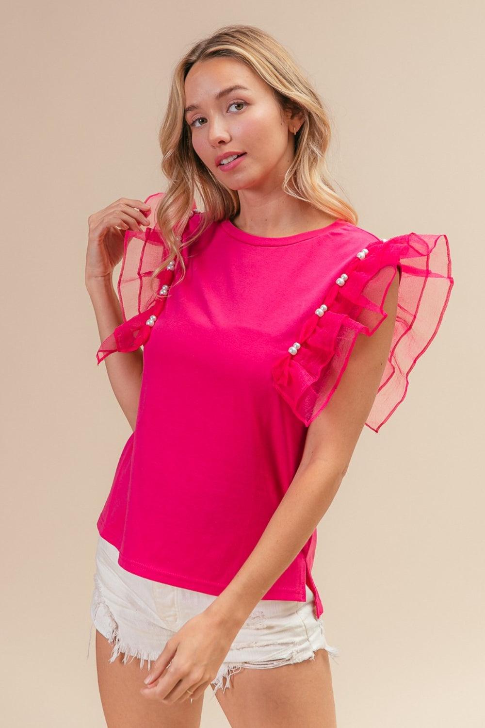 BiBi Pearl Decor Mesh Ruffle Sleeve Top Carauana Store