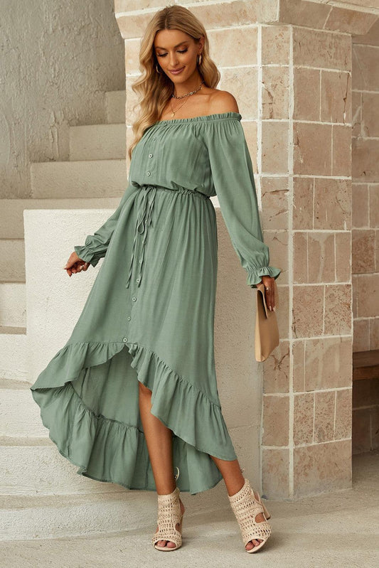 Drawstring Off-Shoulder Flounce Sleeve Dress Carauana Store