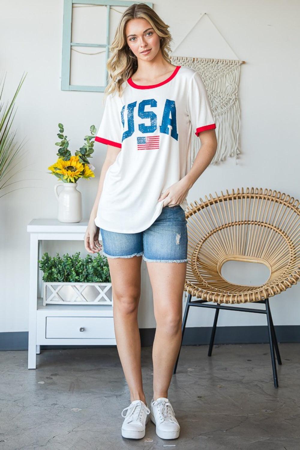 Heimish Full Size USA Contrast Trim Short Sleeve T-Shirt Carauana Store