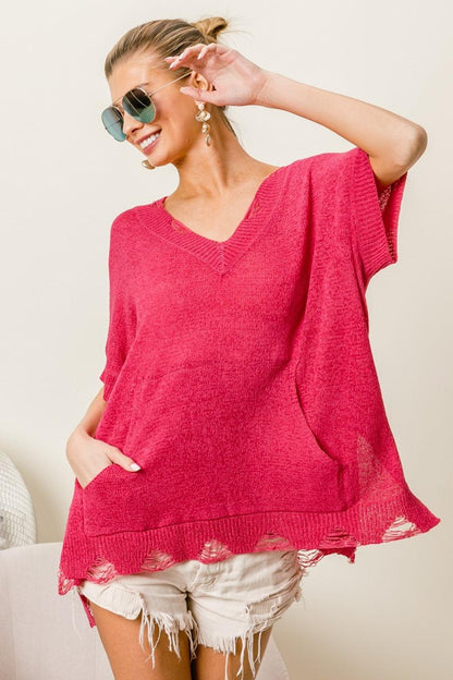 BiBi Distressed Hem V-Neck Slit Sweater Carauana Store
