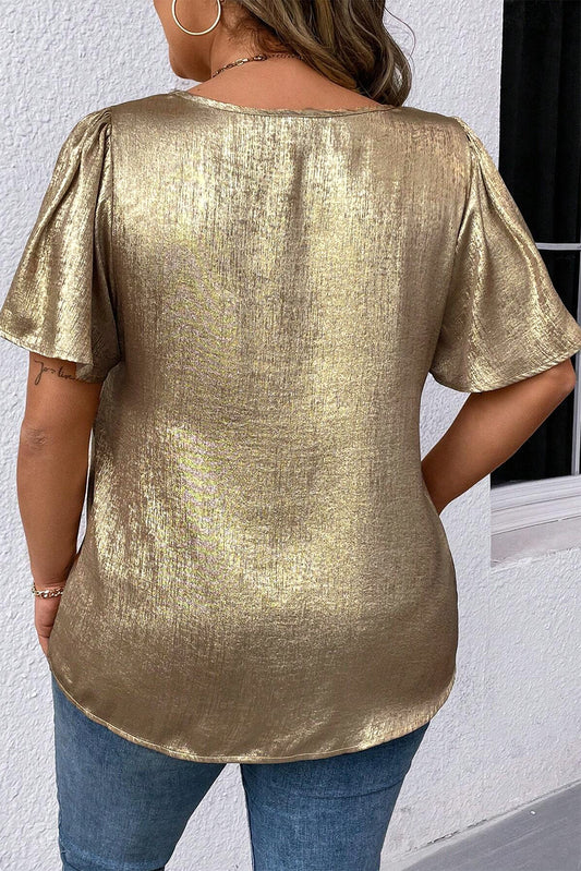 Gold Plus Size Metallic V Neck Short Sleeve Blouse