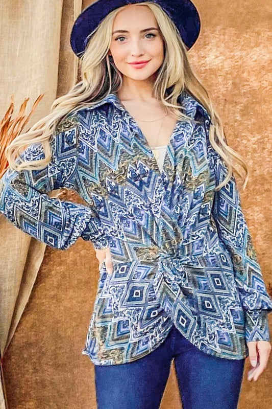 And The Why Print Twist Knot Long Sleeve Blouse Carauana Store