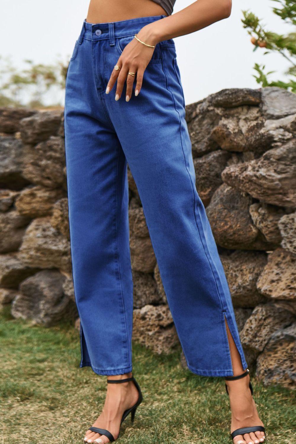 High Waist Loose Fit Ankle Slit Jeans Carauana Store