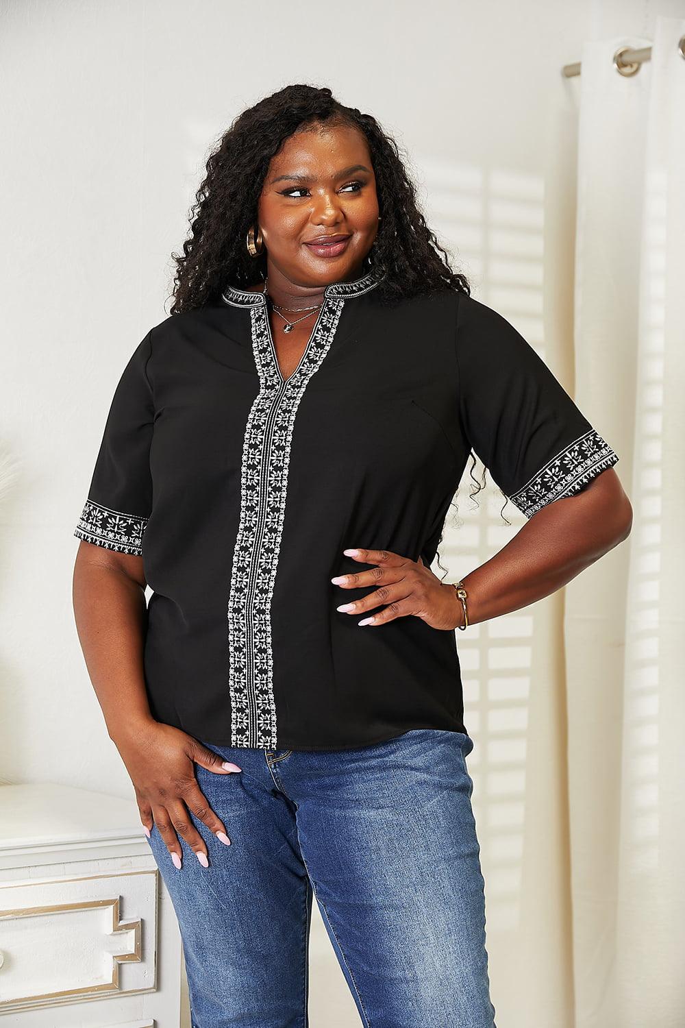 Double Take Embroidered Notched Neck Top Carauana Store