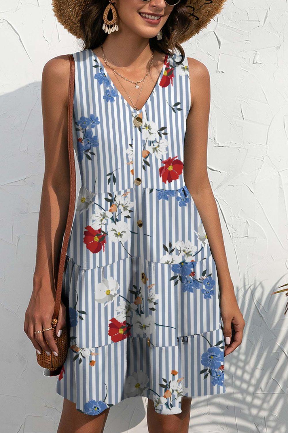 Printed V-Neck Sleeveless Mini Dress Carauana Store