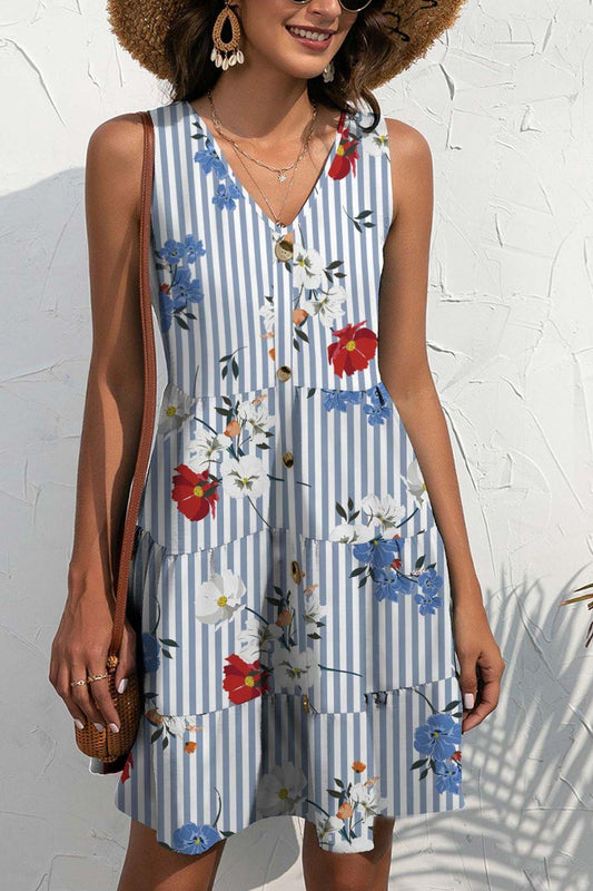 Printed V-Neck Sleeveless Mini Dress Carauana Store