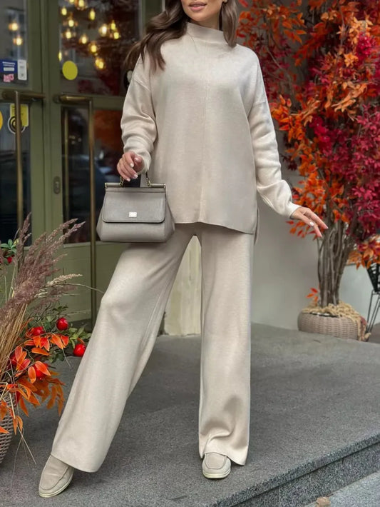 Slit Mock Neck Top and Pants Sweater Set Carauana Store